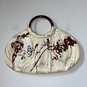 NWT Sharon Spain silk clutch purse, cream and brown